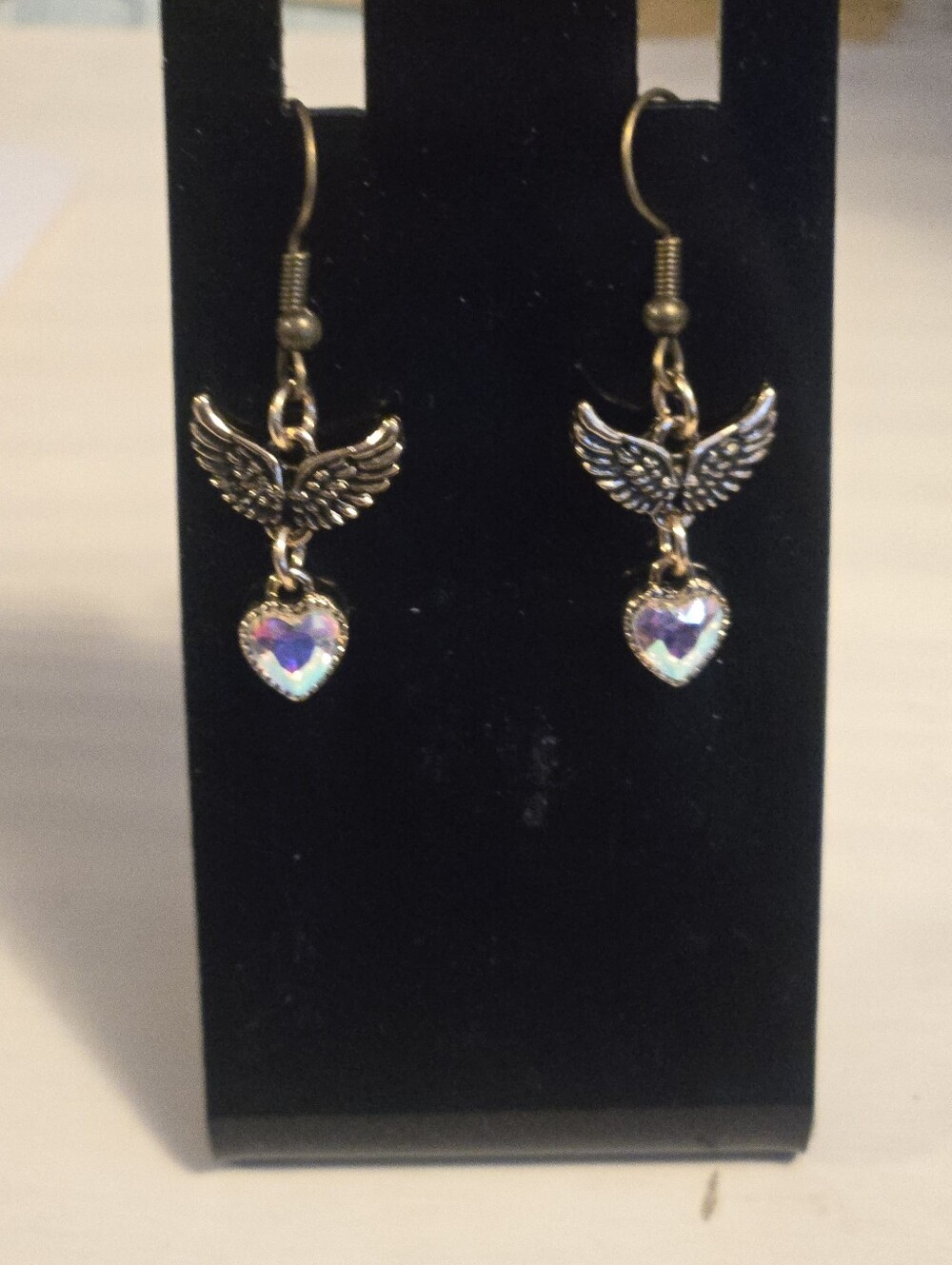 Gold Winged Heart Drop Earrings with Iridescent Crystal Hearts
